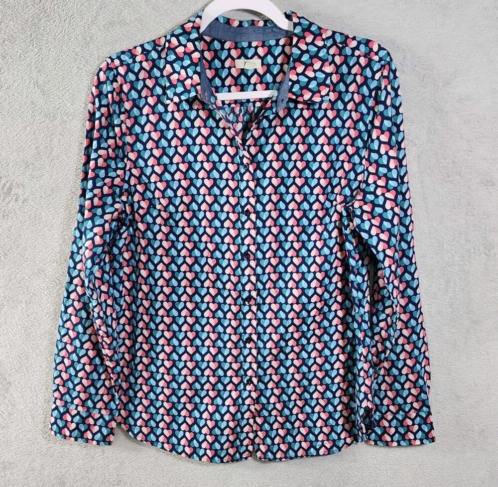 Talbots Button Down Blouse Shirt Hearts Blue Pink 100% Cotton Womens Size Medium